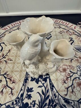 P.V. Triple Bud Vase Bird Made In Italy 6” X 8” White Repaired